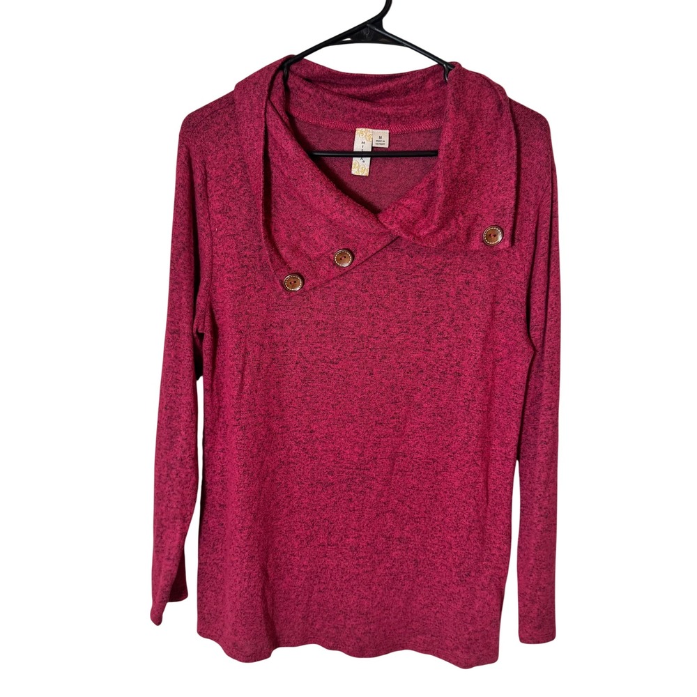 Misia Womens Berry‎ Pink Marled Knit Asymmetrical Cowl Neck Button Sweater M